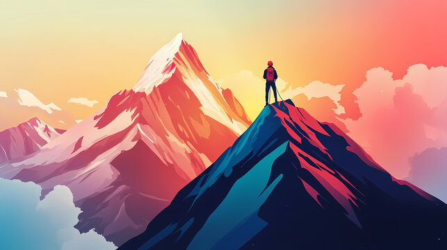 A motivational poster featuring a person climbing a mountain, symbolizing overcoming challenges and achieving goals. Mountain Range. Illustration