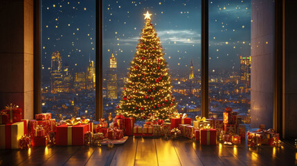 A glittering 3D Christmas tree with golden lights, surrounded by presents and a view