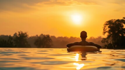 Man Relaxing in Pool at Sunset