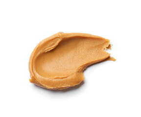 Tasty peanut butter on white background, top view