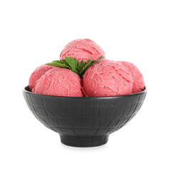 Scoops of tasty watermelon sorbet in bowl and mint isolated on white