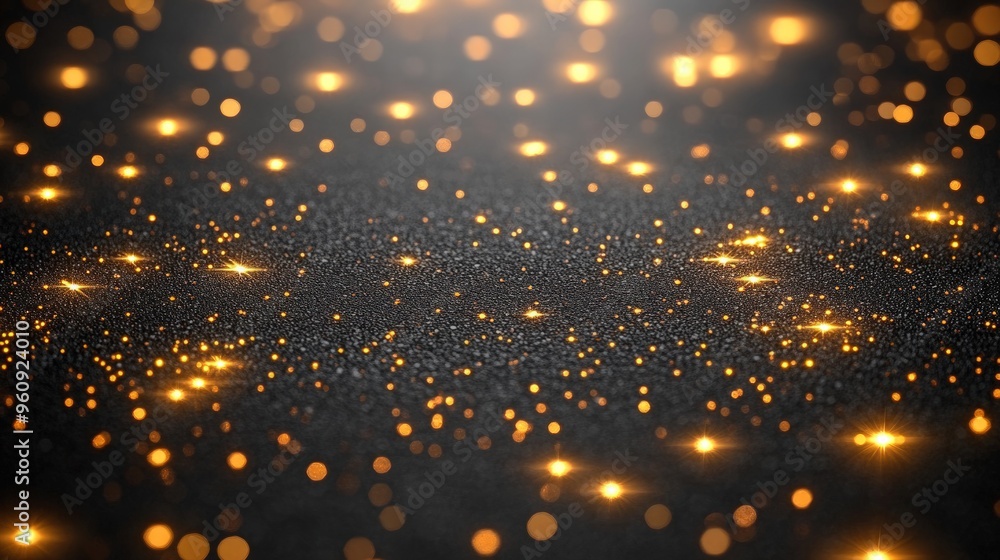 Poster abstract background with a black surface and golden bokeh lights.