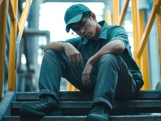 Contemplative Worker in Industrial Setting
