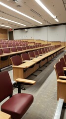 Modern University Lecture Hall with Rows of Red Chairs and Wooden Desks in a Bright and Spacious Setting