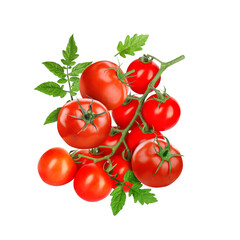 Fresh tomatoes with green leaves in air on white background