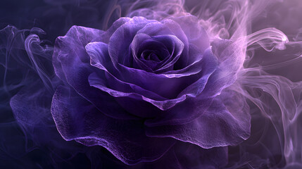 A single, luminous purple rose surrounded by swirling, ethereal smoke against a dark background.