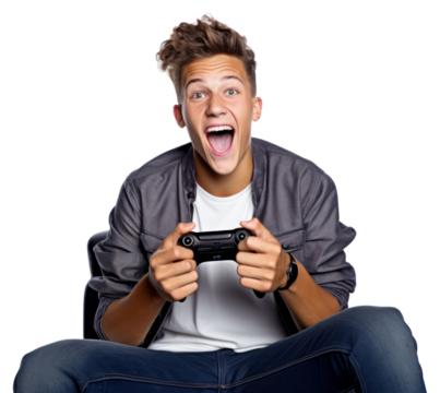 PNG Teenager sitting on bean bag chair shouting holding adult.