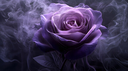 A single, vibrant purple rose surrounded by swirling smoke against a dark background.