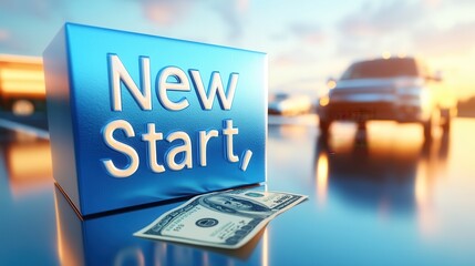 Financial Investment and Fresh Start Concept: Packed Moving Truck with Cash and New Beginnings Box, Copy Space Available
