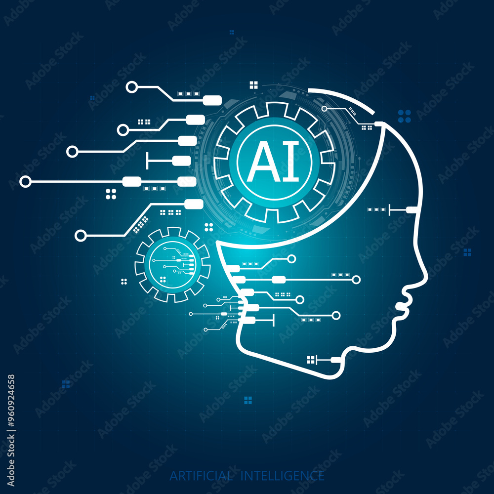 Poster processor with artificial intelligence ai. icon with long shadow on blue background. flat design.