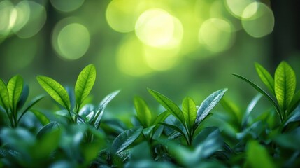 Obraz premium Nature Scene High Above the Ground Showing Emerald Green Tea Leaves and Sunlight Filtered Through Tr