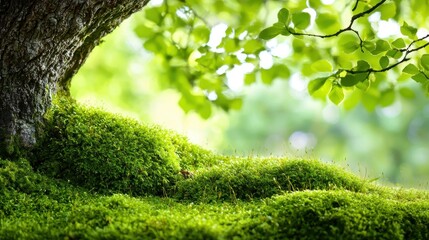 Lush Green Moss Closeup with Tree Branch and Blurred Background
