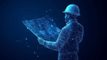 Engineer or architect in hard hat holding a blueprint. Abstract digital vector illustration in dark blue background. Polygonal wireframe with lines and dots. Construction concept
