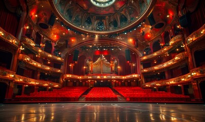 Obraz premium Grand Interior of an Ornate Theater with Red Seats and Elaborate Ceiling Design