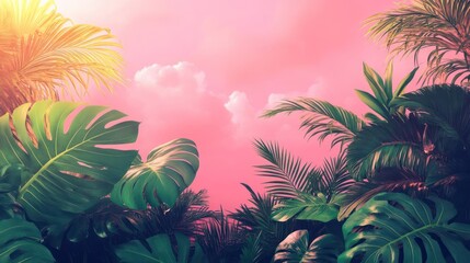 Colorful landscape with palm trees, lush vegetation, and a vibrant sky.