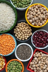 several pots with raw grains for preparing healthy food