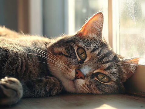 Cuddly Fluffy Cat with Cute Eyes Resting by the Window，Soft Natural Light, and Ray Tracing Effect. Feline Anthropomorphism with Healing Aesthetics.