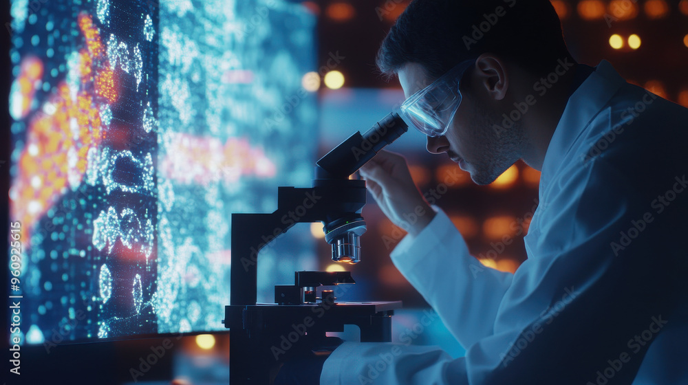 Poster a research team using ai to simulate genetic modifications, with dna sequences displayed