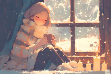 Cozy Girl drinking hot cocoa by the window watching the snowfall. Anime style, Cozy vibes