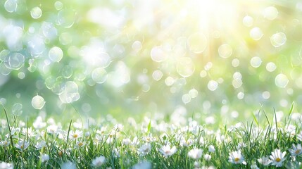 Springtime Meadow with White Flowers and Sunbeams