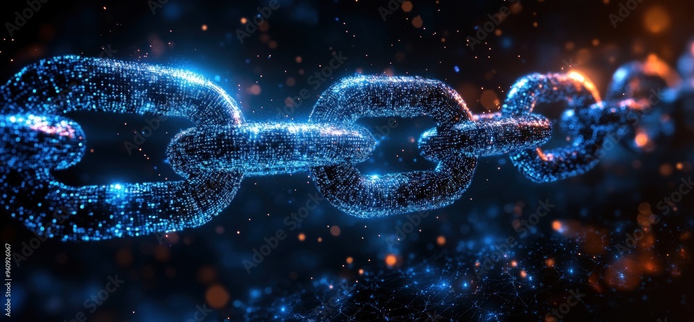 Poster abstract 3d chain made of digital particles, glowing blue, against a dark background with orange par