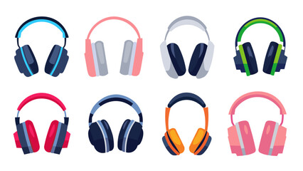 Set of headphones vector flat illustration, headphone clip art collection, headset flat icon set, audio listening media equipment