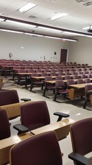 Naklejka premium Empty Modern Classroom with Rows of Desks and Chairs in a University Lecture Hall