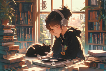 Vintage Girl listening to vinyl records with a sleeping cat and a pile of books. Anime style, Cozy vibes