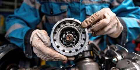 Obraz premium mechanic changing car engine