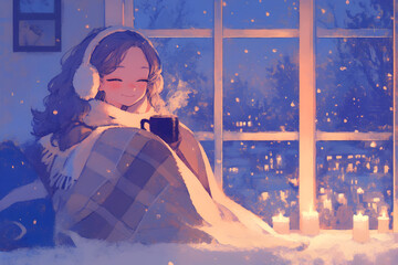 Cozy Girl drinking hot cocoa by the window watching the snowfall. Anime style, Cozy vibes