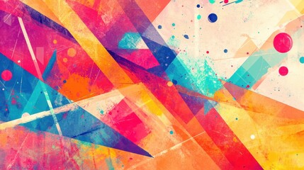 Fototapeta premium This artwork showcases a lively interplay of geometric shapes and bright splashes of color creating a dynamic visual experience