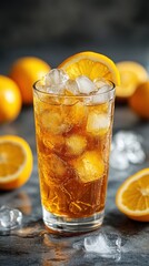Fototapeta premium Iced tea with orange slices and ice cubes in a glass on a dark background.