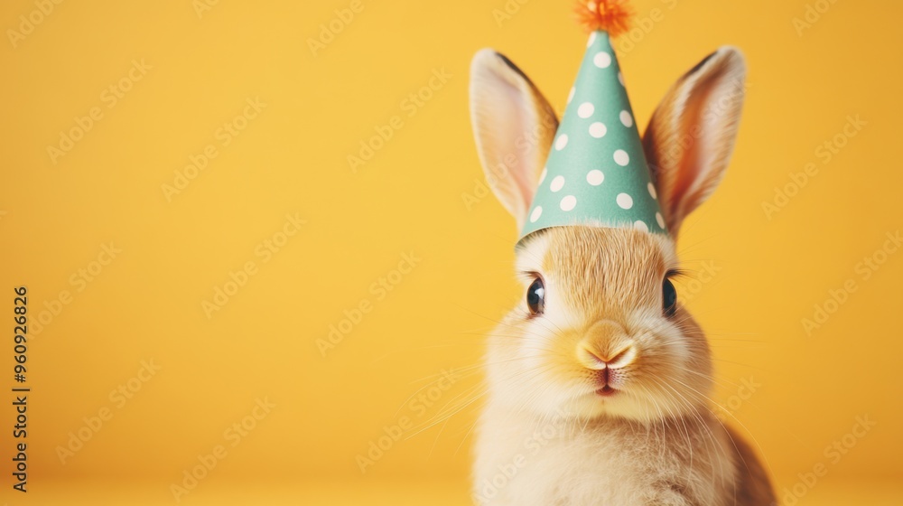 Poster with a playful expression, the rabbit enjoys a festive moment in its colorful party hat set against 