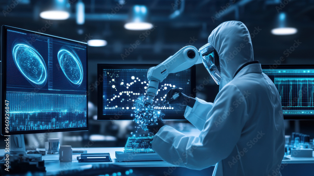 Poster a scientist using a robotic arm to manipulate genetic material, with real-time ai data