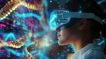 A scientist wearing VR goggles, immersed in a virtual environment of DNA strands and