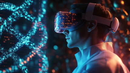 A scientist wearing VR goggles, immersed in a virtual environment of DNA strands and