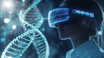 A scientist wearing VR goggles, immersed in a virtual environment of DNA strands and