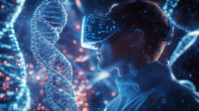 A scientist wearing VR goggles, immersed in a virtual environment of DNA strands and