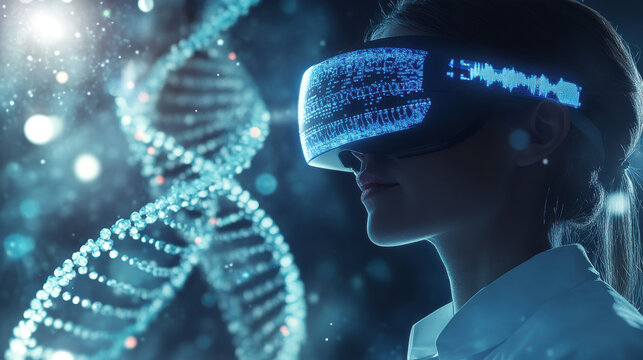 A scientist wearing VR goggles, immersed in a virtual environment of DNA strands and