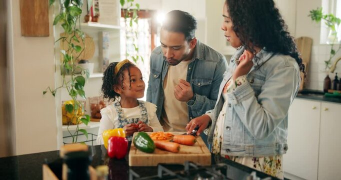 Taste, happy family and cutting vegetables for cooking food, lunch or healthy vegan meal in home kitchen. Smile, father and mom with chopping board for eating carrots, pepper or girl child learning