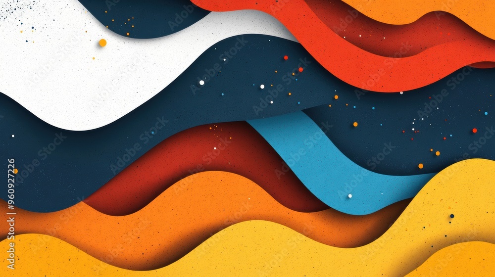 Poster the composition features layered, wavy shapes in vibrant colors that create a sense of depth and flu