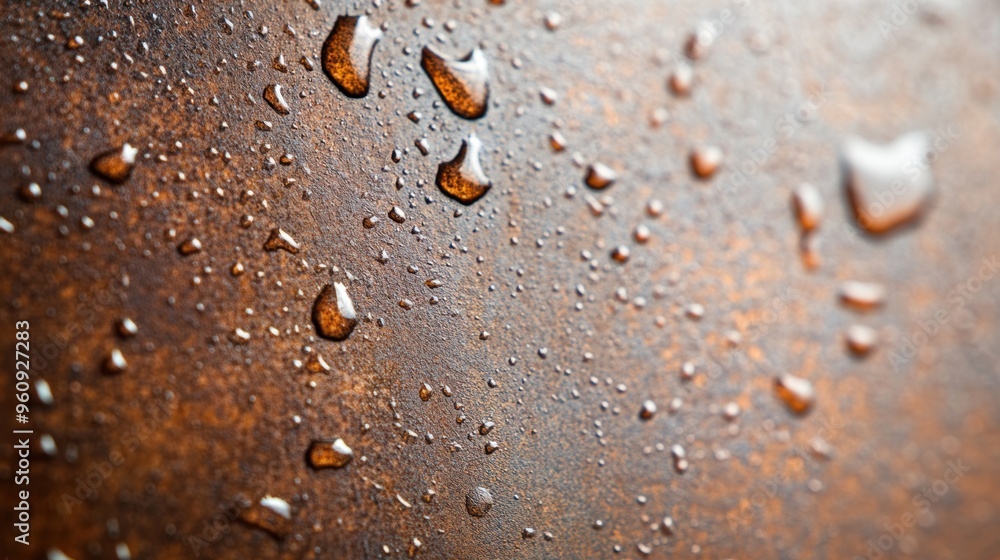 Poster glistening water droplets cling to a textured copper surface, creating a captivating interplay of li