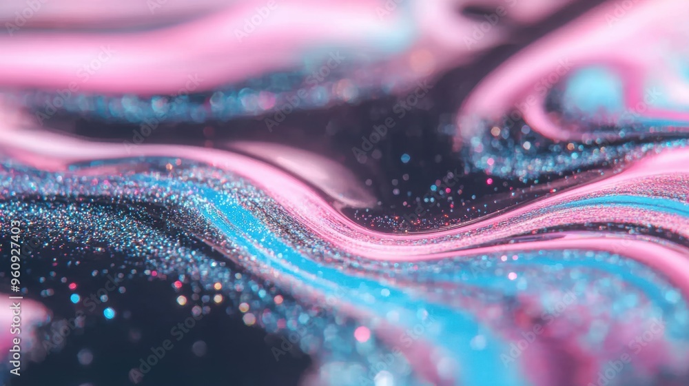 Poster bright pink and blue hues smoothly merge and shift, creating a captivating fluid motion filled with 