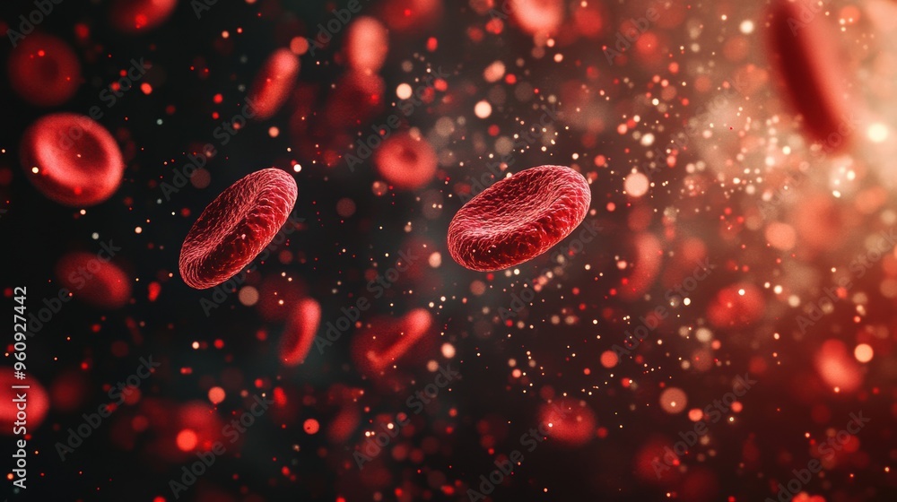 Poster dynamic visualization showcases abstract red blood cells and viruses interacting in a vivid and capt