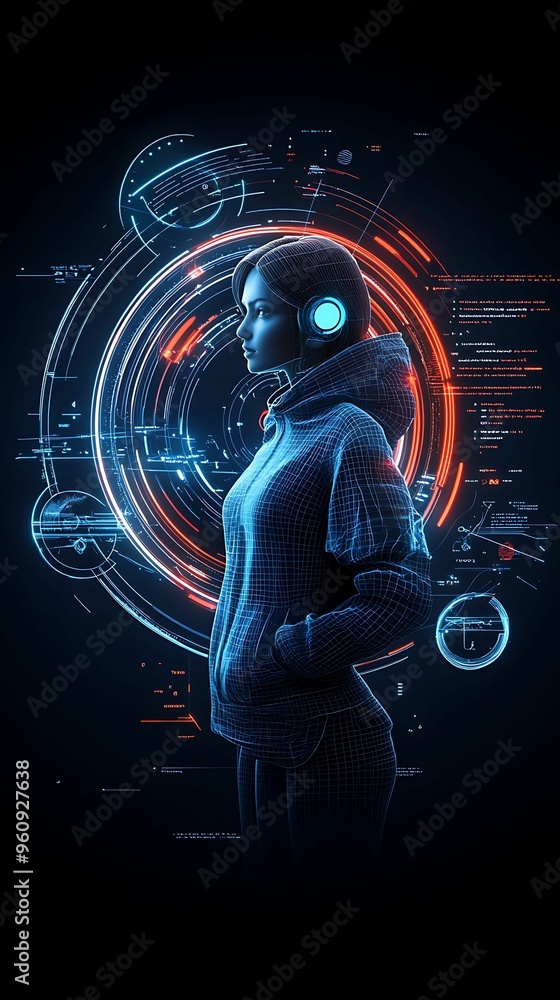 Poster futuristic fashion virtual modeling session with holographic tools on colorful abstract background