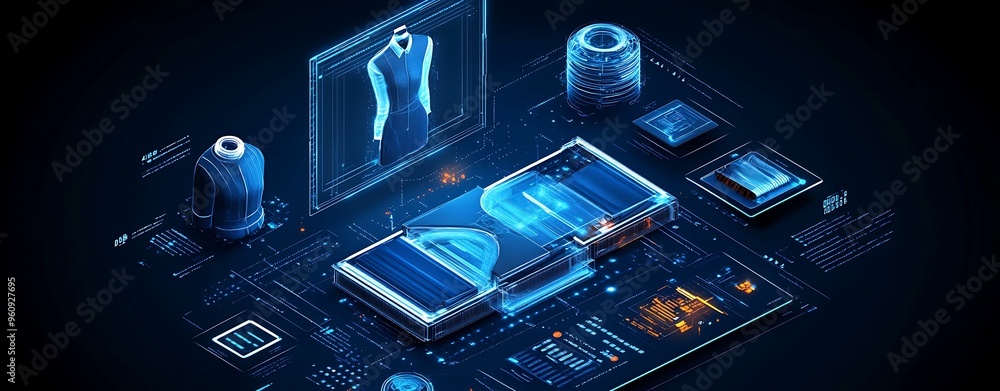 Poster futuristic fashion technology - isometric view of ai-driven automated tailoring in soft light digita