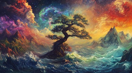 Fantasy landscapes, vibrant skies, swirling colors, milky way, nebula, jagged mountains, ocean waves, bonsai trees, tranquil atmosphere, mystical mood, celestial elements, dynamic ocean