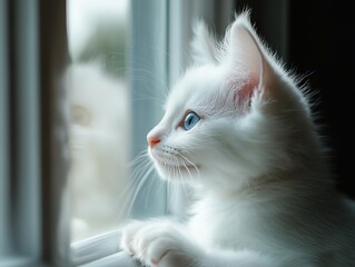 Adorable Two-Month-Old White Muppet Cat Cub with Blue Eyes, Close-Up, Gazing Out Window Sill, Bright Photography Style