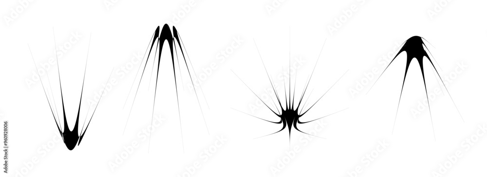Poster Black thin spiky thorn element set. Abstract sharp shapes and angular twinkles bundle. Futuristic spokes objects for poster design, collage, banner, badge, logo, card, icon, label, sticker. Vector