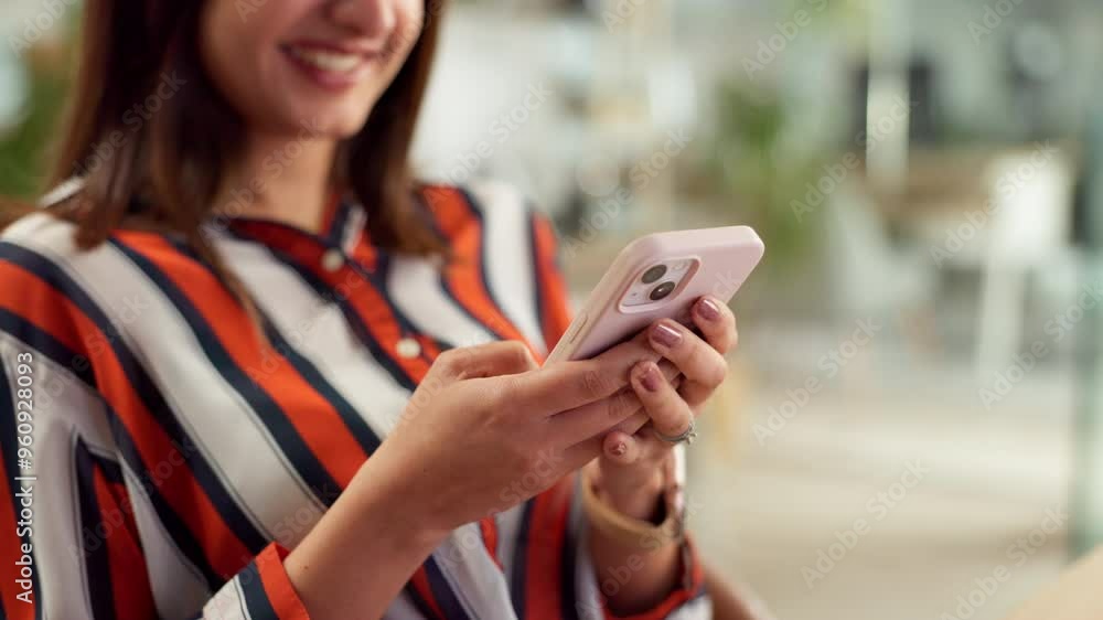 Poster hands, phone and smile with business woman in creative workplace for communication or design. app, n